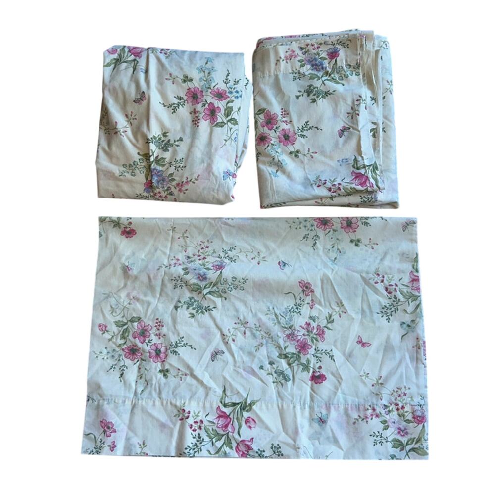 Vtg Cannon Cottagecore twin Sheet Set Garden Country Rose Floral White Pink
